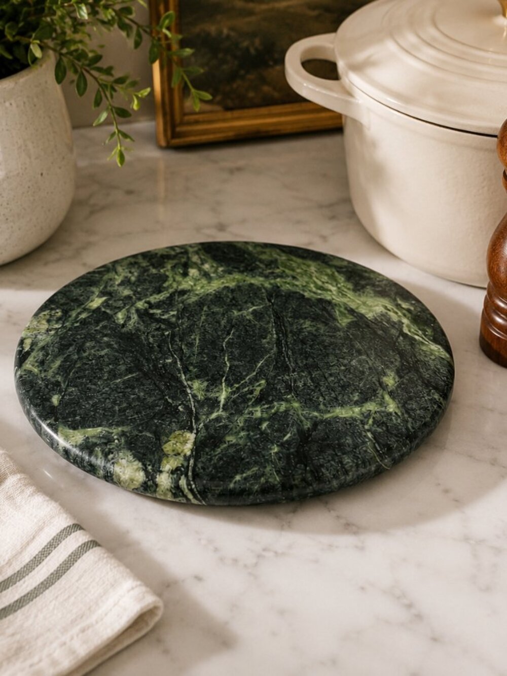 Vintage Green Marble Stone Trivet Hot Plate Round 8" Taiwan Mid Century